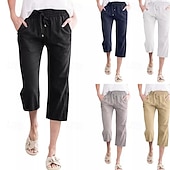 cheap Straight-Leg Pants-Women&#039;s Capri Pants Slacks Streetwear Casual Calf-Length Natural Plain Pocket Elastic Drawstring Design Outdoor Comfortable Street Going out Grey Navy Black White Summer Regular Fit