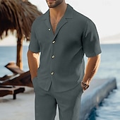 cheap Men&#039;s Basic Shirts Sets-Men&#039;s 2 Piece Shirt Set Summer Set Matching Sets Casual Shirt Corduroy Shirt Plain Vacation Daily Dark Gray Black Pink Blue Short Sleeve Collar Summer Clothing Apparel
