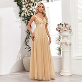 preiswerte Abendkleider-A-Linie Abendkleid Elegant Kleid Abendgesellschaft Abschlussball Bodenlang Ärmellos V Ausschnitt Gürtel / Schärpe Tüll V-Ausschnitt mit Glitzer Stickerei 2025