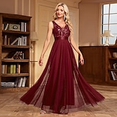 preiswerte Abendkleider-A-Linie Abendkleid Elegant Kleid Abendgesellschaft Abschlussball Bodenlang Ärmellos V Ausschnitt Gürtel / Schärpe Tüll V-Ausschnitt mit Glitzer Stickerei 2025