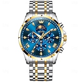 abordables Relojes de Cuarzo-OLEVS 3653 Reloj para Hombre Reloj de Cuarzo Reloj Cronógrafo Multifuncional para Hombre Impermeable a 30M Luminiscente Fase Lunar Reloj de Acero