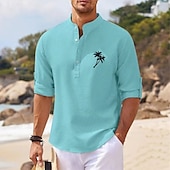 preiswerte Freizeithemden für Herren-Herren Minimalistisches Aloha-Shirt Popover-Hemd Sommerhemd Freizeithemd Strandhemd Waffelstrickhemd Schwarz Weiß Blau Himmelblau Dunkelgray Langarm Kokospalme Klassisch Stehkragen Henley Urlaub