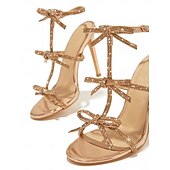 voordelige Hakken Sandalen-Gouden stiletto sandalen met bandjes - glinsterende hoge hakken met strikknoop voor een elegante avond en gala