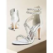 economico Sandali Eleganti-sandali con tacco alto e cinturino in strass bianchi da donna – eleganti scarpe da sposa per cocktail party