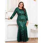 cheap Plus Size Dresses-Mermaid / Trumpet Evening Gown Sparkle Dress Formal Floor Length Long Sleeve Crew Neck Champagne Mother Of the Bride Dress Tulle with Embroidery 2025