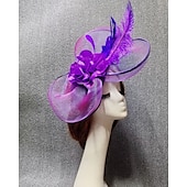 abordables Fascinators-Fascinateurs chapeau en filet voile mariage course de chevaux avec pièce florale en plumes