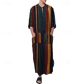 cheap Men's Robes-Men's Loungewear Nightgown Nightshirt Stripe Stylish Comfort Kimono Robes Daily Home Cotton Breathable Stand Collar Short Sleeve Summer Red Orange