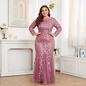 cheap Plus Size Dresses-Mermaid / Trumpet Evening Gown Sparkle Dress Formal Floor Length Long Sleeve Crew Neck Champagne Mother Of the Bride Dress Tulle with Embroidery 2025