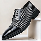 economico Formale-scarpe oxford da uomo in pied de poule bianco e nero con dettagli in vernice, elegante design con lacci per eventi formali alla moda