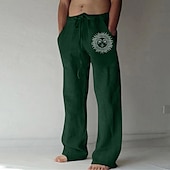 お買い得  クラシック-男性用 リネンパンツ ズボン サマーパンツ ビーチパンツ ストレート 弾性巾着デザイン フロントポケット まっすぐな足 サンケア グラフィック 履き心地よい ソフト カジュアル 日常 休暇のために ファッション デザイナー ダークブラウン ターメリック