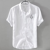 preiswerte Business Casual-Herren Leinenhemd Freizeithemd Baumwoll-Leinen-Hemd Knopfhemd Muster Urlaub Straße Weiß Dunkelmarine Himmelblau Khaki Kurzarm Revers Sommer Bekleidung Button-Down