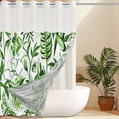 baratos Cortinas de Banho-Cortina de Chuveiro Texturizada em Malha de Waffle com Folhas com Forro Removível e Janela Transparente Repelente à Água em Poliéster Topo com Ilhós 120GSM Qualidade de Hotel Estilo Spa Divisão de
