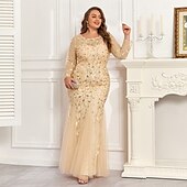cheap Plus Size Dresses-Mermaid / Trumpet Evening Gown Sparkle Dress Formal Floor Length Long Sleeve Crew Neck Champagne Mother Of the Bride Dress Tulle with Embroidery 2025