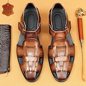 cheap Premium Leather Sandals-Luxury Men&#039;s Brown Leather Fisherman Sandals - Elegant Dress Footwear with Woven Straps