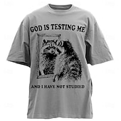 お買い得  メンズおもしろTシャツ-男性用ユーモラスグラフィックTシャツ：『神が私を試している、私は勉強していない』アライグマデザインのショートスリーブライフスタイルTシャツ
