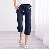 cheap Straight-Leg Pants-Women&#039;s Capri Pants Slacks Streetwear Casual Calf-Length Natural Plain Pocket Elastic Drawstring Design Outdoor Comfortable Street Going out Grey Navy Black White Summer Regular Fit