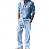 cheap Men&#039;s Tee Sets-Men&#039;s T-shirt Suits Shirt and Pant Sets 2 Pieces Outfits Long Sleeve Stand Collar Summer Spring Plain Fashion Casual 2 Piece Vacation Daily Wear Going out Black White Blue Top Tee for Men