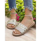 abordables Sandales de Vacances-Sandales à enfiler noires cloutées pour femmes – sandales plates tendance à rivets dorés pour l&#039;été, la plage et les sorties décontractées