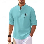 preiswerte Freizeithemden für Herren-Herren Minimalistisches Aloha-Shirt Popover-Hemd Sommerhemd Freizeithemd Strandhemd Waffelstrickhemd Schwarz Weiß Blau Himmelblau Dunkelgray Langarm Kokospalme Klassisch Stehkragen Henley Urlaub