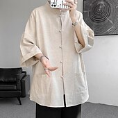 economico Casual da lavoro-Per uomo Camicia Camicia di lino Camicia casual Camicia con Bottoni Camicia di cotone Semplice Vacanza Camicia hawaiana Nero Bianco Blu marino Cachi Mezza Manica Colletto alla coreana Estate