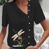 cheap Shirts-Women&#039;s Blouse Cotton Linen Shirts Flower Basic Casual Short Sleeve Asymmetrical Regular Tops Daily Holiday Buttons Print Black Blue Green Summer