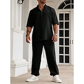 preiswerte Herren Basic Hemden Sets-Herren Zweiteilig Hemd Set Sommer-Set Passende Sets Freizeithemd Einfach Urlaub Täglich Schwarz Beige Grau Kurzarm Kragen Sommer Bekleidung