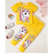 baratos Desenho animado 3D da menina-Para Meninas 3D Unicórnio Conjuntos de pijama Conjuntos de pijama com camiseta e calça Manga Curta Impressão 3D Verão Primavera Ativo Básico Infantil 4 anos + Gola Redonda Casa Diário Normal