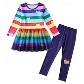 cheap Sets-3 Pieces Kids Girls&#039; Stripe Pants Suit Set Long Sleeve Fashion Outdoor 4 years+ Summer Rainbow Set Rainbow Set+Hairband Black White Set+Hairband