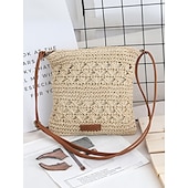 cheap Crossbody Bags-Handwoven Straw Crossbody Bag for Women – Boho Rattan Shoulder Bag with Adjustable Strap, Lightweight Summer Beach Purse for Vacation, Travel &amp; Casual Outings Army Green Brown Khaki