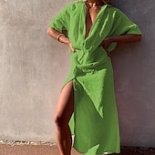 tanie zaprojektuj bawełniane i lniane sukienki-Damskie Sukienka midi Sukienki inspirowane lnem Sukienka koszulowa Bawełniana lniana sukienka Moda Klasyczny Codzienny Święto Weekend Regularny Równina Długi rękaw Kołnierzyk koszuli Biały Zielony