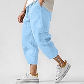 baratos Clássico-Homens Calças Cargo Calças de linho Calças Calça verão Calças de praia Com Cordão Cintura elástica Bolso multi Tecido Conforto Respirável Mimolet Casual Diário Feriado Moda Estilo Clássico Preto
