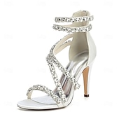 economico Sandali Eleganti-sandali con tacco alto e cinturino in strass bianchi da donna – eleganti scarpe da sposa per cocktail party
