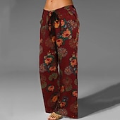 abordables Pantalon en coton et lin-Femmes Jambe large Pantalon en coton et lin Pantalons Occasionnel Longueur complète Naturel Fleuri Impression Confortable Extérieur Tenue quotidienne Sortir Magenta Vin Noir Vert Été Coupe régulière