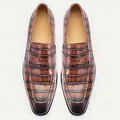 cheap Premium Leather Loafers-Men's Classic Brown Crocodile Pattern Leather Dress Shoes - Ideal for Business Meetings and Kentucky Derby