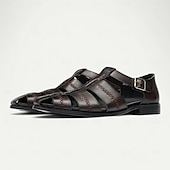 cheap Premium Leather Sandals-Premium Leather Fisherman Sandals with Buckle Detail - Stylish Choice for Outdoor Activities and Social Gatherings
