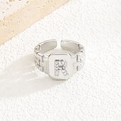 cheap Gifts-Personalized Letter Ring, Gift for Mom, Copper with Zircon Alphabet Ring, Vintage-Style Chain Design, Adjustable Open Band, Minimalist Aesthetic Jewelry for Women