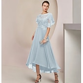 abordables Longueur de cheville-Robe de la mère de la mariée en A formelle invitée de mariage élégante décolleté en V longueur thé en chiffon dentelle manches courtes avec perles appliquées taille personnalisée gratuite