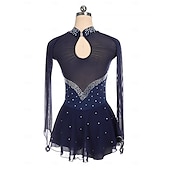 billige Figur skating kjoler-Kjole til kunstløp Dame Jente Skøyteløp Kjoler Mørk Marineblå Lapper Tommelhull Netting Spandex Elastisk Trening Profesjonell Konkurranse Skøyteklær Hold Varm Krystall / Rhinstein Langermet Skøyting