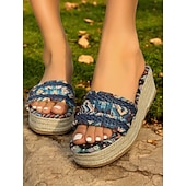 cheap Vacation Sandals-Women&#039;s Bohemian Woven Platform Sandals – Ethnic Print Slip-On Espadrille Wedge Slides for Summer, Beach &amp; Casual Wear