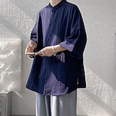 economico Casual da lavoro-Per uomo Camicia Camicia di lino Camicia casual Camicia con Bottoni Camicia di cotone Semplice Vacanza Camicia hawaiana Nero Bianco Blu marino Cachi Mezza Manica Colletto alla coreana Estate