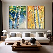 abordables Peintures Abstraites-peinture à l&#039;huile de paysage de forêt d&#039;automne peinte à la main peinture à l&#039;huile d&#039;automne art mural ensemble de 2 peintures abstraites beiges sur toile une paire de peinture de paysage de texture
