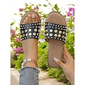 abordables Sandales de Vacances-Sandales à enfiler noires cloutées pour femmes – sandales plates tendance à rivets dorés pour l&#039;été, la plage et les sorties décontractées