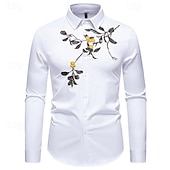 economico camicia da uomo con bottoni-Per uomo Camicia Camicia estiva Maglietta informale Camicia da spiaggia Camicia con bottoni Nero Bianco Manica lunga Floreale Bavero Da mare Hawaiano Con ricami Abbigliamento Poliestere Di tendenza