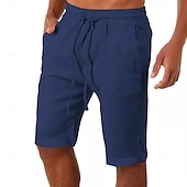 cheap Classic-Men&#039;s Shorts Linen Shorts Summer Shorts Beach Shorts Drawstring Elastic Waist Plain Comfort Breathable Knee Length Outdoor Daily Beach Fashion Classic Style Black White