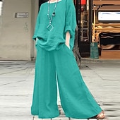 cheap Sets-Women&#039;s Streetwear Daily Cotton Linen Sets Two Piece Sets Pants Sets Long Sleeve Crew Neck Solid Color Daily Wear Casual Daily Green Khaki Gray Summer Regular Fit