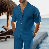 cheap Men&#039;s Basic Shirts Sets-Men&#039;s 2 Piece Shirt Set Summer Set Matching Sets Casual Shirt Corduroy Shirt Plain Vacation Daily Dark Gray Black Pink Blue Short Sleeve Collar Summer Clothing Apparel