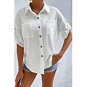 Women's Shirt Cotton Linen Shirts Button Up Blouse Plain Basic Casual Short Sleeve Shirt Collar Regular Tops Holiday Going out Buttons Pocket Black White Navy Blue Khaki Gray Summer cheap Shirts-Women's Shirt Cotton Linen Shirts Button Up Blouse Plain Basic Casual Short Sleeve Shirt Collar Regular Tops Holiday Going out Buttons Pocket Black White Navy Blue Khaki Gray Summer
