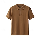 preiswerte Klassisches Poloshirt für Herren-Herren Poloshirt aus Seide, Leinen und Baumwolle, Strick, Polopullover, Business, Casual, Revers, Kurzarm, formell, einfarbig, Patchwork, Knöpfe, Sommer, Schwarz, Braun, Grün, Dunkelgrau, Dunkelkaffee