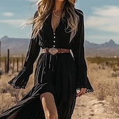 abordables Robes Bohémiennes-Femmes Robe Midi Robe bohème Robe occidentale Mode Classique Extérieur Quotidien Fête Coupe régulière Uni manche longue Col en V Noir Été