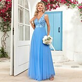 preiswerte Abendkleider-A-Linie Abendkleid Elegant Kleid Abendgesellschaft Abschlussball Bodenlang Ärmellos V Ausschnitt Gürtel / Schärpe Tüll V-Ausschnitt mit Glitzer Stickerei 2025